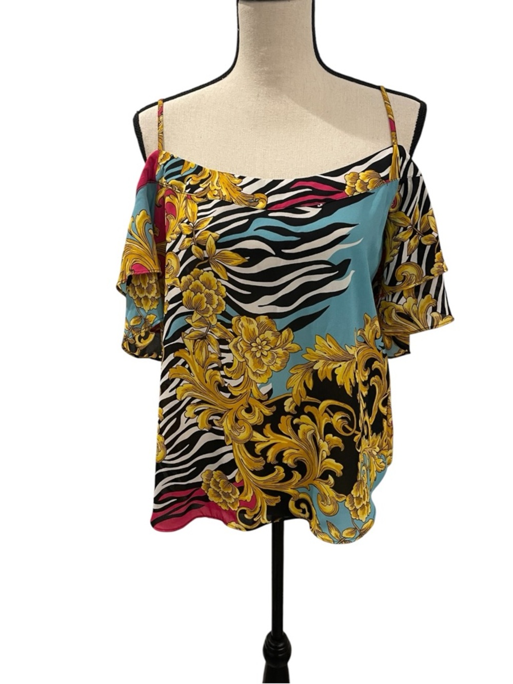 Cold-Shoulder Floral Baroque Print Camisole in Turquoise and Gold